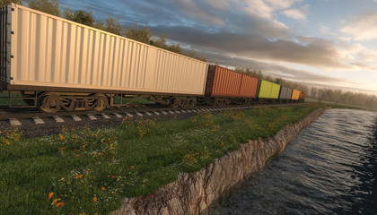 Cargo Train Rolling by the River at Dusk
