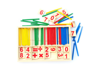 Educational kids math toy wooden board stick game counting set in kids math class kindergarten isolated on white background