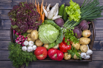 Assortment of fresh vegetables on wooden tray background