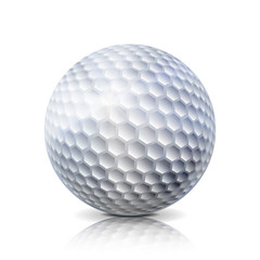 Realistic Golf Ball Isolated On White Background. Traditional Classic Golf Ball Design. Three-dimensional. Vector Illustration.