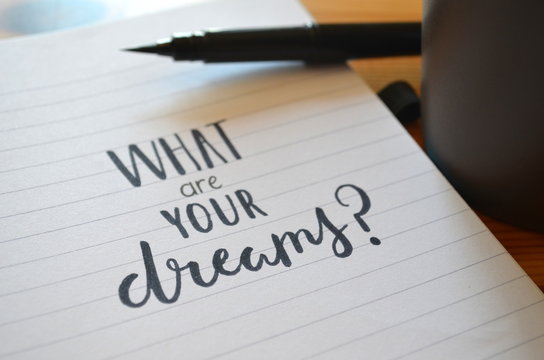 WHAT ARE YOUR DREAMS? hand lettered in notebook
