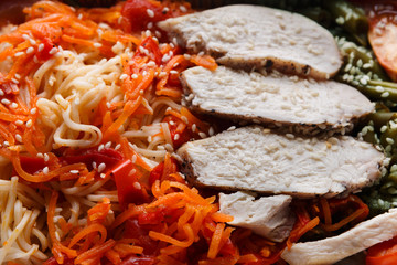 Healthy lunch take away. Diet concept. Steamed turkey with garnish and vegetables