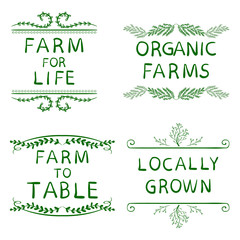 FARM FOR LIFE, ORGANIC FARMS, FARM TO TABLE, LOCALLY GROWN. Hand drawn typographic elements isolated on white. Green lines.