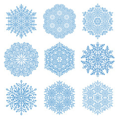 Set of blue snowflakes. Fine winter ornament. Snowflakes collection. Snowflakes for backgrounds and designs