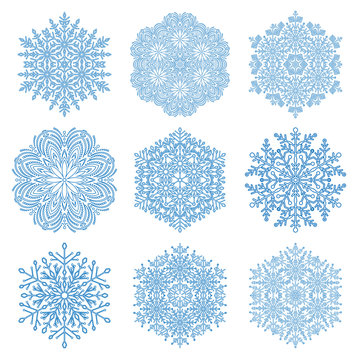 Set of blue snowflakes. Fine winter ornament. Snowflakes collection. Snowflakes for backgrounds and designs