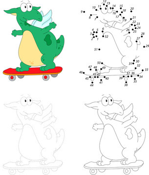 A happy skateboard green dragon. Dot to dot game for kids