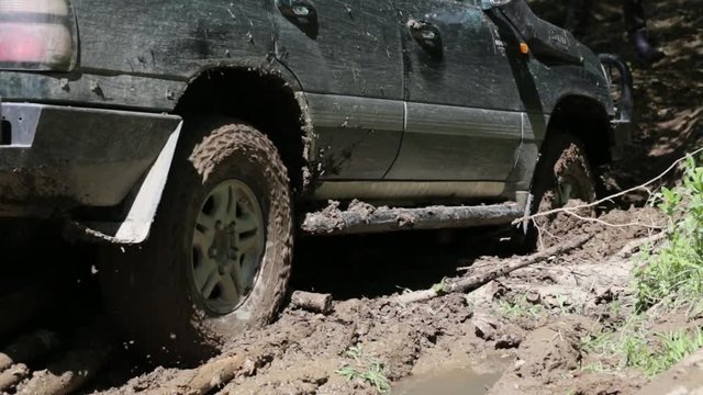 Expeditionary SUV got stuck in the mud in the forest, off-road