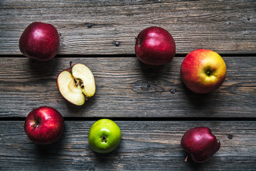 Fresh red apples on wooden table. fruit, natural food. Free space for text . Top view