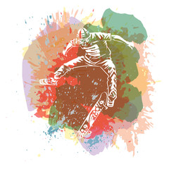 Skateboarder jumping on paint spot with splash in watercolour style background. Skates and skateboards icon. Extreme theme print.
