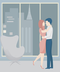 Couple in a modern living room with a beautiful view. Man and woman kissing vector illustration. Minimal style.