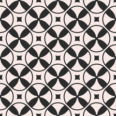 Vector seamless pattern, monochrome mosaic texture with simple geometric shapes, rings, circles, rounded squares. Illustration of propellers, vanes. Abstract geometrical background, symmetric figures
