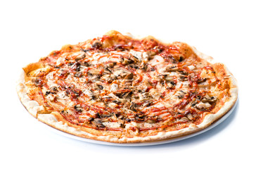 Delicious sliced ​​Italian pizza with mushrooms, ham and cheese isolated on white