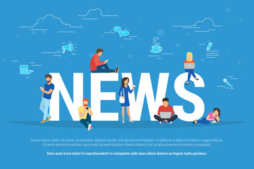 Online breaking news concept vector illustration. Young men and women are standing near big letters and using their own smart phones for reading news. Flat design of broadcasting on blue background
