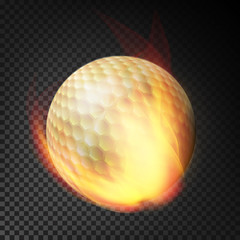 Flaming Realistic Golf Ball On Fire Flying Through The Air. Burning Ball On Transparent Background