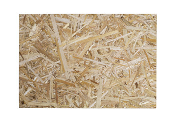 Oriented Strand Board. Wooden panel made of pressed of sandy brown wood shavings as background...