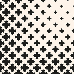 Vector halftone pattern with floral shapes, carved crosses. Monochrome texture with gradually transition effect in corner. Modern abstract background. Square design element for prints, covers, decor