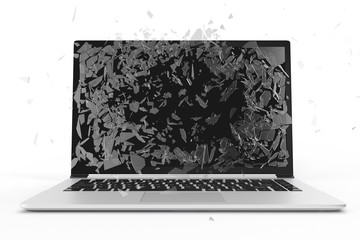 Computer or laptop with broken screen isolated on white background for your design project, 3D Rendering