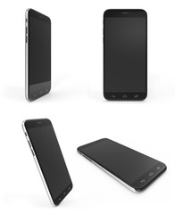 Concept of modern phones with empty screens, realistic black mobile templates on white background, 3D Rendering