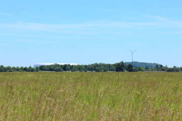 Fototapeta na wymiar heißer Tag auf der Panzerwiese mit Windrad und fußballarena im Hintergrund