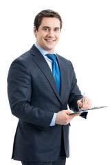 Businessman with clipboard writing, isolated