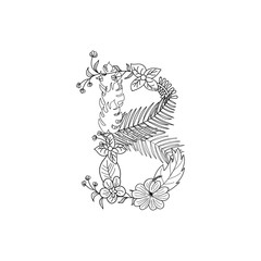 Tropical floral summer pattern hand drawn ornamental font with palm beach leaves, flower. Letter B
