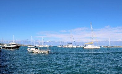 Obraz premium Sail boats on the ocean and a beautiful blue sky background