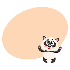 Cute and funny smiling baby panda character looking up, cartoon vector illustration with space for text. Cute little panda bear character, mascot with paws raised up