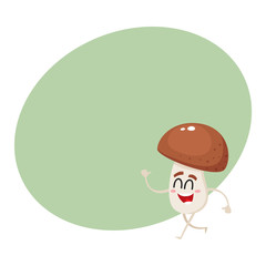 Funny porcini mushroom character with smiling human face and closed eyes walking, cartoon vector illustration with space for text. Smiling porcini mushroom character walking happily