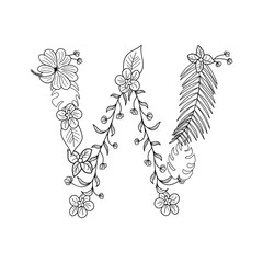 Tropical floral summer pattern hand drawn ornamental font with palm beach leaves, flower. Letter W