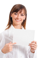Fototapeta premium Businesswoman showing blank signboard, isolated