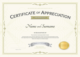 Certificate of appreciation template with silver award ribbon on abstract guilloche background with vintage border style