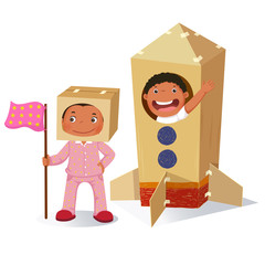 Creative girl playing as astronaut and boy in rocket made of cardboard box