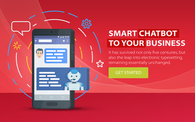 Chatbot and future marketing concept. Modern banner for the site. Dialog box of mobile phone. Chatbot business concept. Smartphone on a red background. Vector illustration