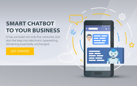 Chatbot and future marketing concept. Chatbot business concept. Modern banner for the site. Dialog box of mobile phone. Smartphone on a gray background. Vector illustration
