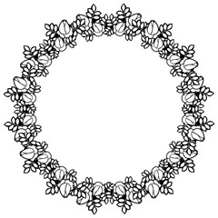Black and white round frame with stylized roses silhouettes. Vector clip art.