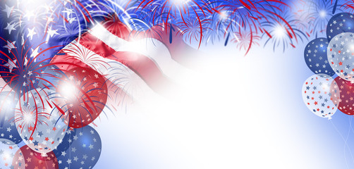 USA flag with fireworks and balloon background for 4 july independence day - obrazy, fototapety, plakaty
