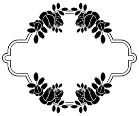 Black and white round frame with stylized roses silhouettes. Vector clip art.