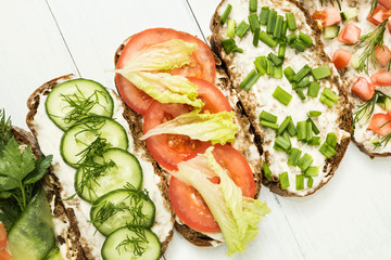 Homemade sandwiches. Low carbohydrate diet of organic products. Flat lay with copy space. Healthy breakfast concept. Spring food