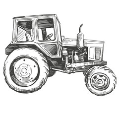 Farm tractor hand drawn vector illustration realistic sketch