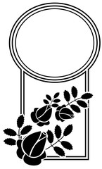 Black and white round frame with stylized roses silhouettes. Vector clip art.