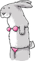 A grey, cartoon rabbit wearing a pink bikini bathing suit.