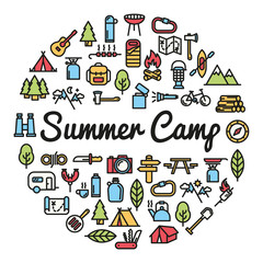 Summer Camp word with icons - vector illustration