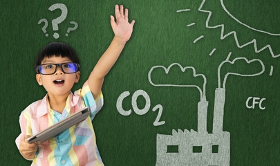 boy raise his hand for global warming