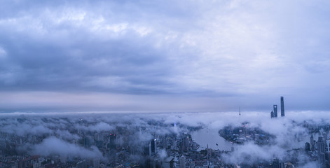 Panorama of sunset with SHANGHAI city view by aerial photography.