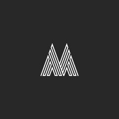 Letter M logo hipster initial mockup, thin broken line monogram decoration, linear black and white design element template, wedding invitation emblem