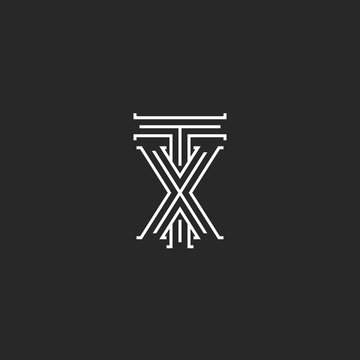 TX letters logo medieval monogram, intersection lines shape XT initials, wedding card emblem X T combination linked two symbols hipster design element template