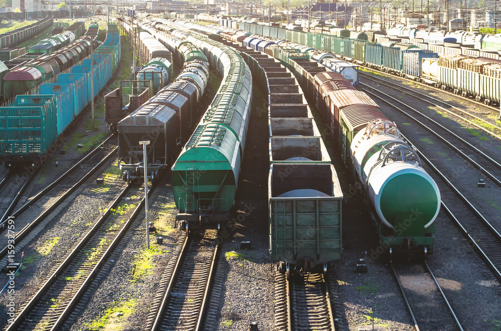 Wall mural Cargo train wagoon platform at sunset with container.