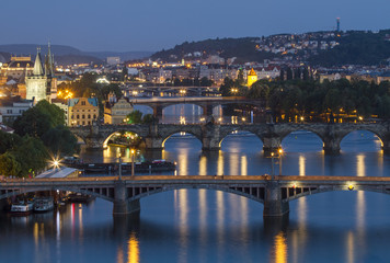 View of Bridges on Vltava at dusk, from the letna park.Czech Republic, Europe.