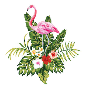 Composition of pink flamingo tropical leaves and flowers white background