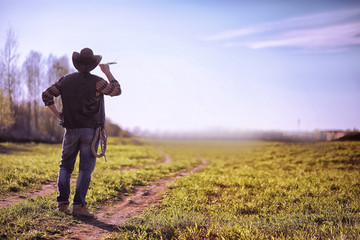 Cowboy standing in a field at sunset